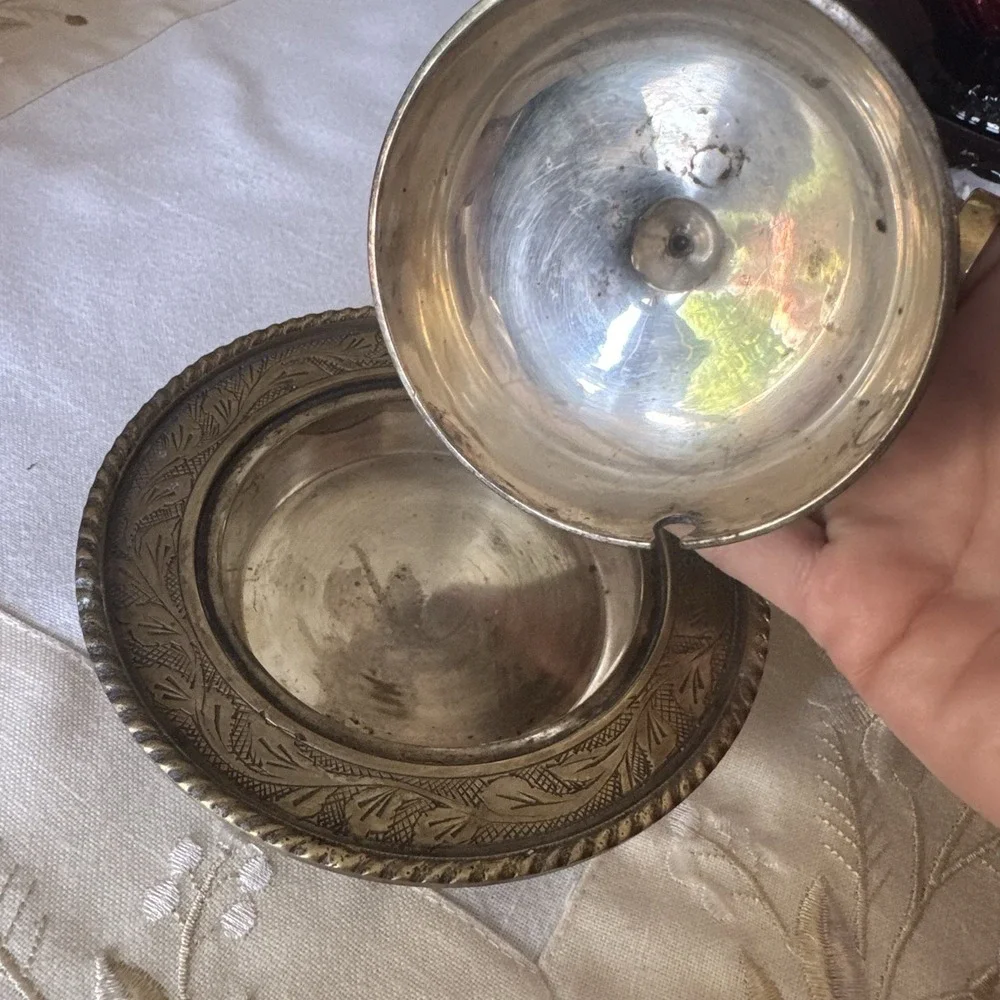 Vintage Handcrafted Engraved Brass Butter Dish With Lid ~ Made In India ~ Patina